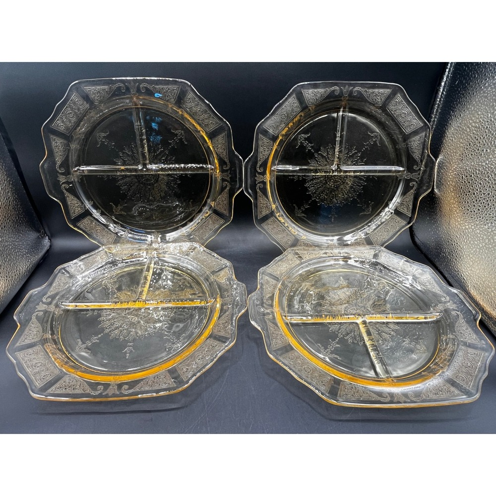 4 Vtg Patrician Spoke Topaz Depression Glass Divided Plates 10.5" Yellow Etched